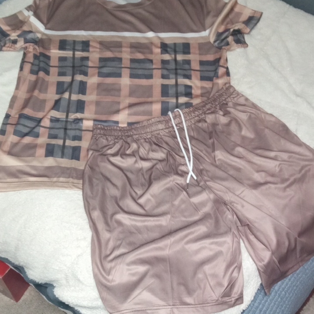 Tan Athletic Shorts with Smooth Fabric and Elastic Waistband